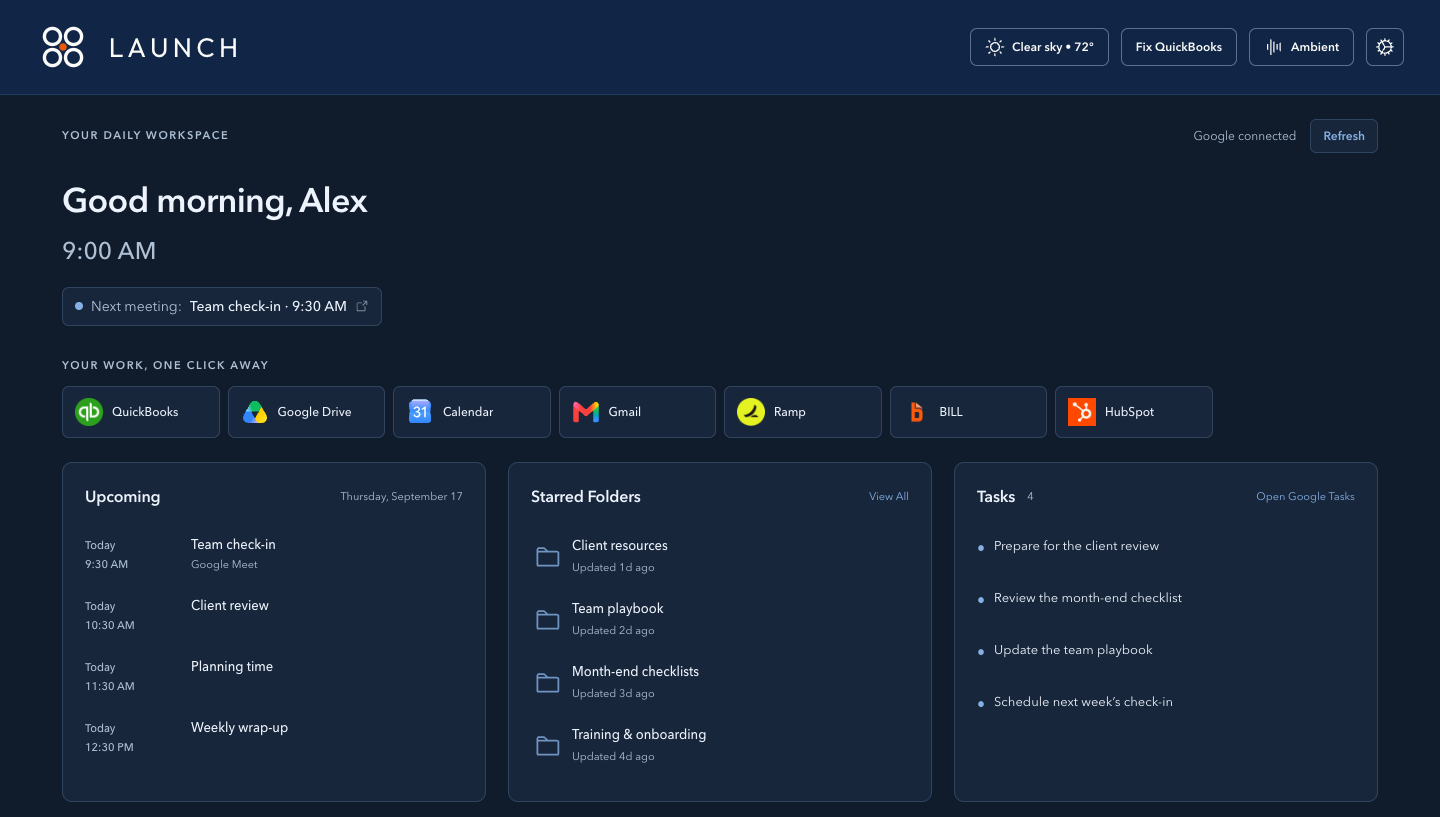 The same Launch workspace in dark mode, with navy panels and readable light text.